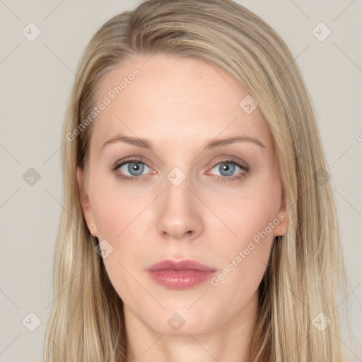 Neutral white young-adult female with long  brown hair and grey eyes