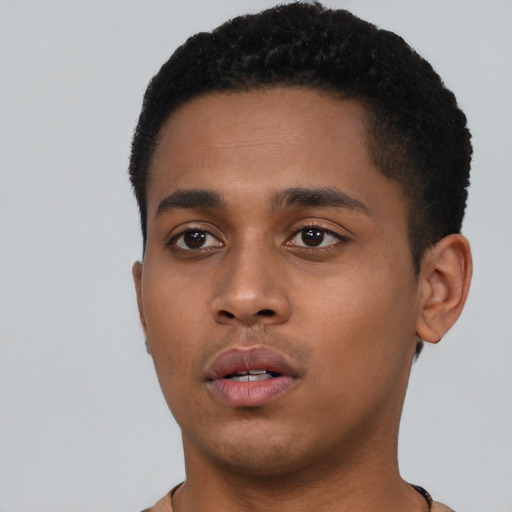 Neutral black young-adult male with short  black hair and brown eyes