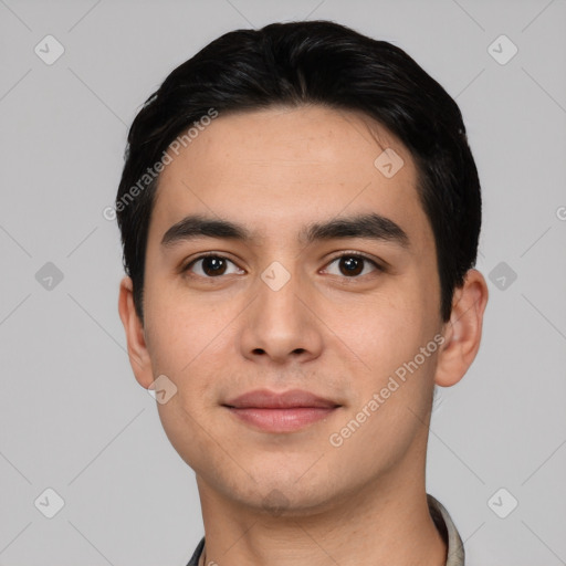 Joyful asian young-adult male with short  black hair and brown eyes