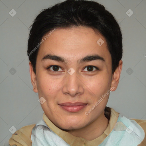 Joyful latino young-adult male with short  brown hair and brown eyes