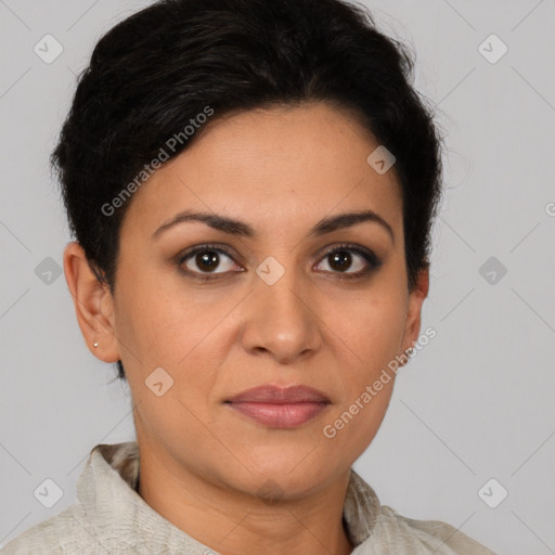 Joyful latino young-adult female with short  brown hair and brown eyes