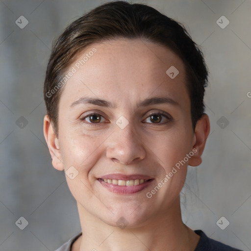 Joyful white young-adult female with short  brown hair and brown eyes