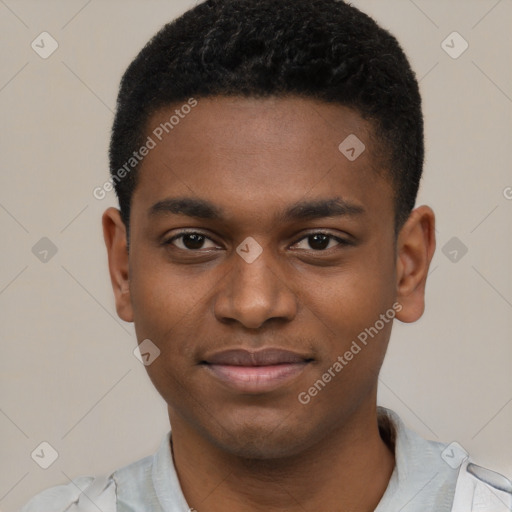 Joyful latino young-adult male with short  brown hair and brown eyes