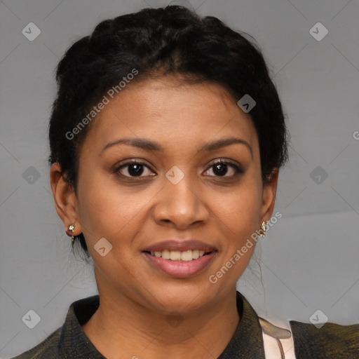 Joyful latino young-adult female with short  brown hair and brown eyes