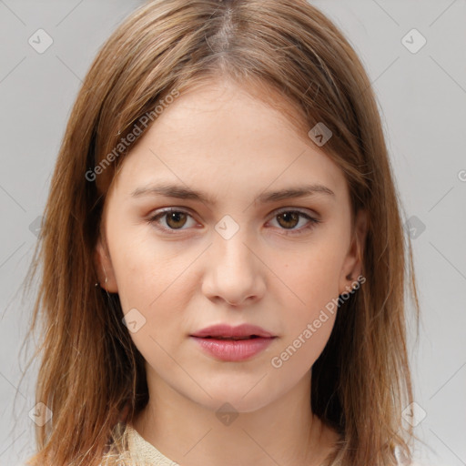 Neutral white young-adult female with medium  brown hair and brown eyes