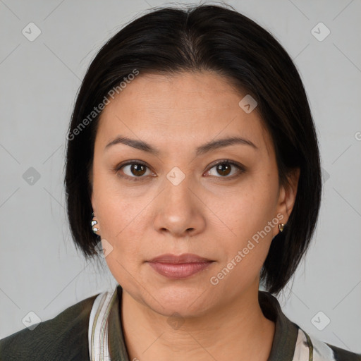 Neutral white young-adult female with medium  brown hair and brown eyes