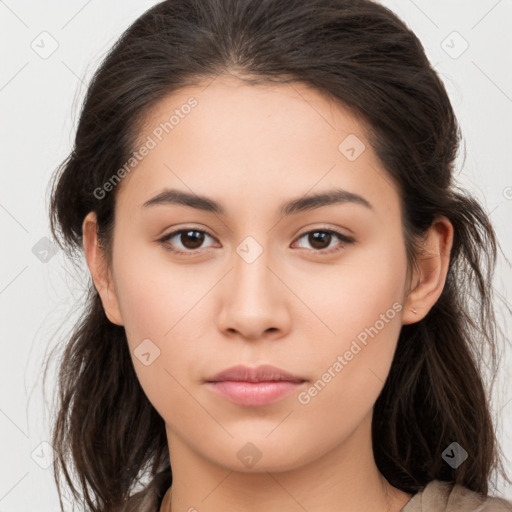 Neutral white young-adult female with long  brown hair and brown eyes