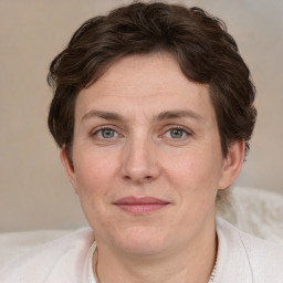 Joyful white adult female with short  brown hair and grey eyes