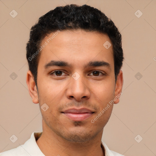 Neutral latino young-adult male with short  brown hair and brown eyes