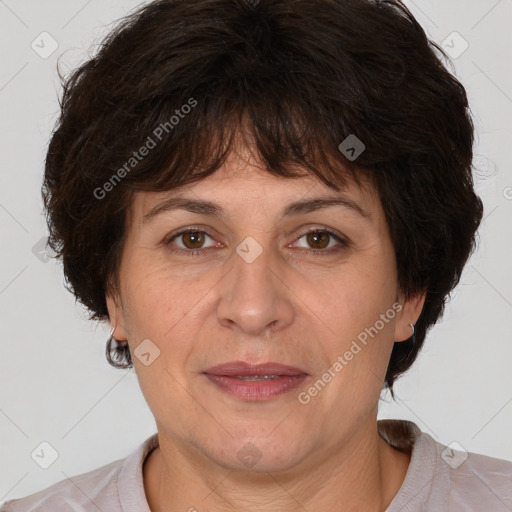 Joyful white adult female with short  brown hair and brown eyes