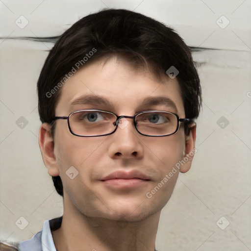 Neutral white young-adult male with short  brown hair and grey eyes