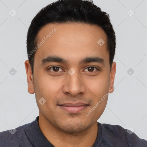 Joyful latino young-adult male with short  black hair and brown eyes