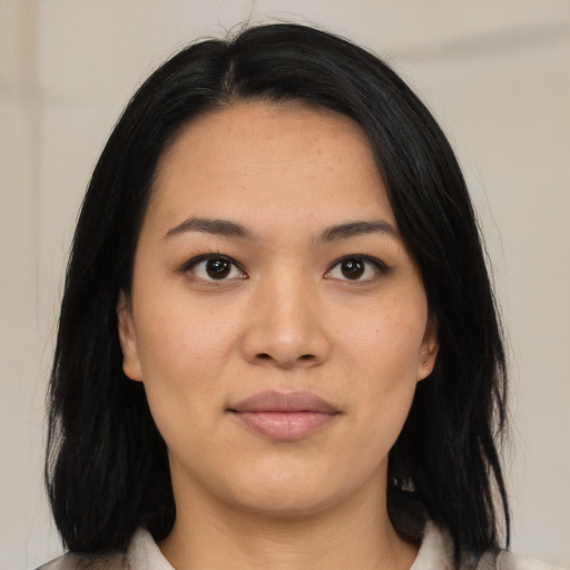 Neutral asian young-adult female with medium  black hair and brown eyes
