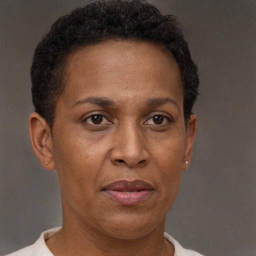 Neutral black adult female with short  brown hair and brown eyes