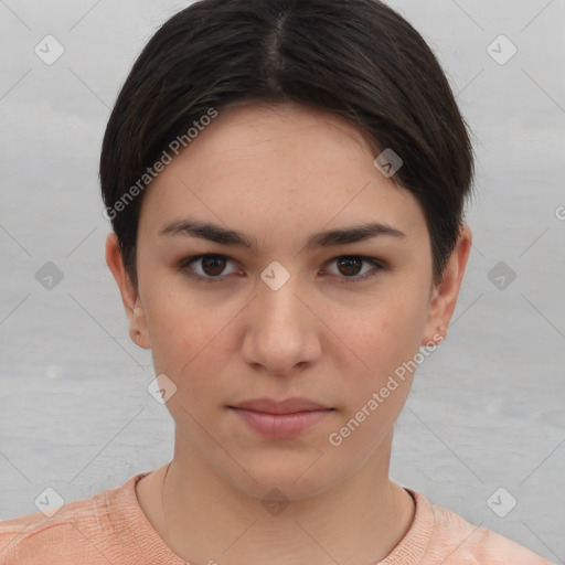 Neutral white young-adult female with short  brown hair and brown eyes