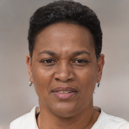 Joyful black adult female with short  brown hair and brown eyes