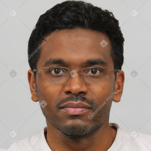 Neutral black young-adult male with short  black hair and brown eyes