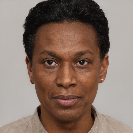 Neutral black adult male with short  black hair and brown eyes