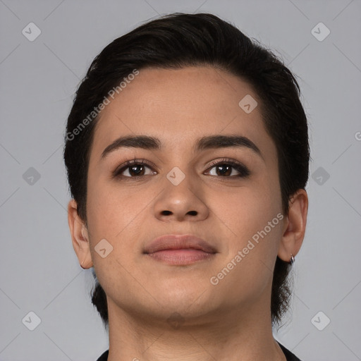 Neutral white young-adult female with medium  brown hair and brown eyes