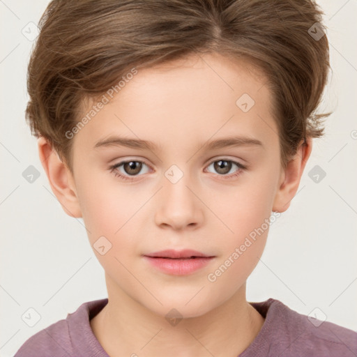 Joyful white child female with short  brown hair and brown eyes