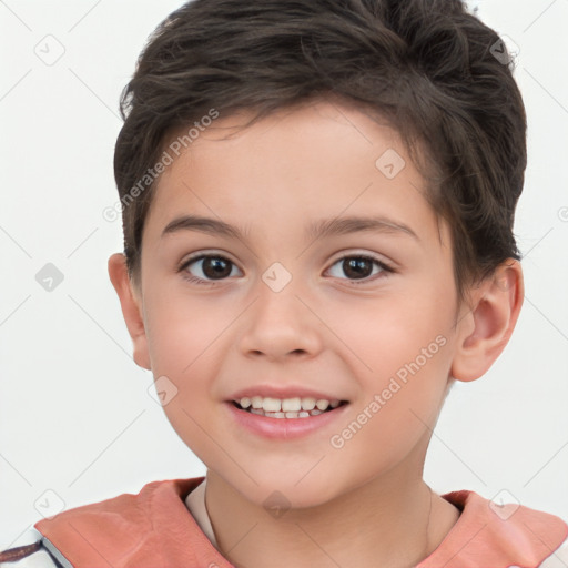 Joyful white child female with short  brown hair and brown eyes