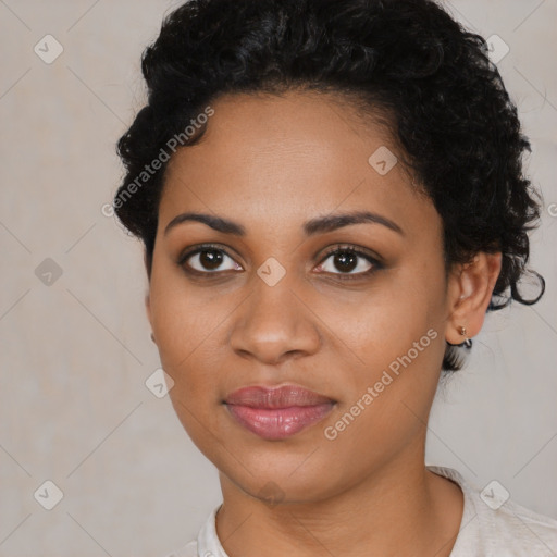 Joyful latino young-adult female with short  black hair and brown eyes