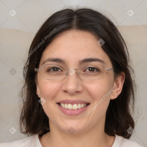 Joyful white adult female with medium  brown hair and brown eyes