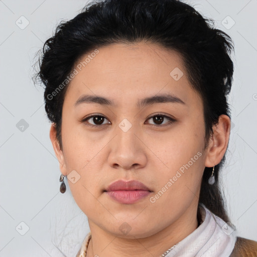 Neutral asian young-adult female with short  brown hair and brown eyes