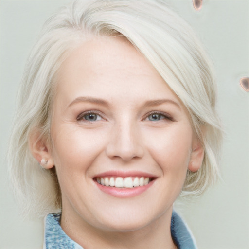 Joyful white young-adult female with medium  blond hair and blue eyes