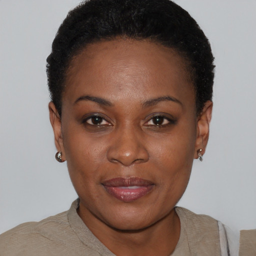 Joyful black young-adult female with short  brown hair and brown eyes