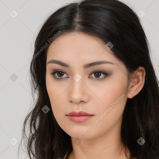 Neutral asian young-adult female with long  brown hair and brown eyes