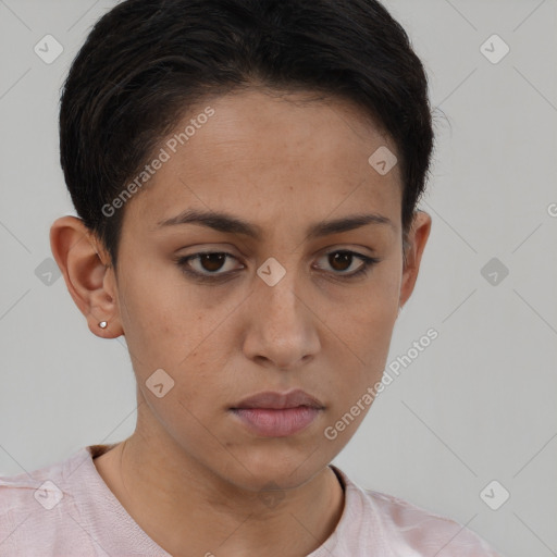 Neutral white young-adult female with short  brown hair and brown eyes