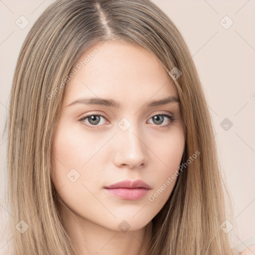 Neutral white young-adult female with long  brown hair and brown eyes