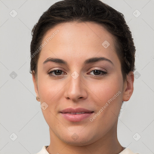 Joyful white young-adult female with short  brown hair and brown eyes