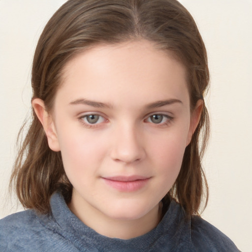 Joyful white child female with medium  brown hair and brown eyes