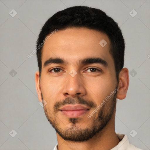 Neutral latino young-adult male with short  black hair and brown eyes