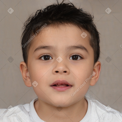 Joyful white child male with short  brown hair and brown eyes