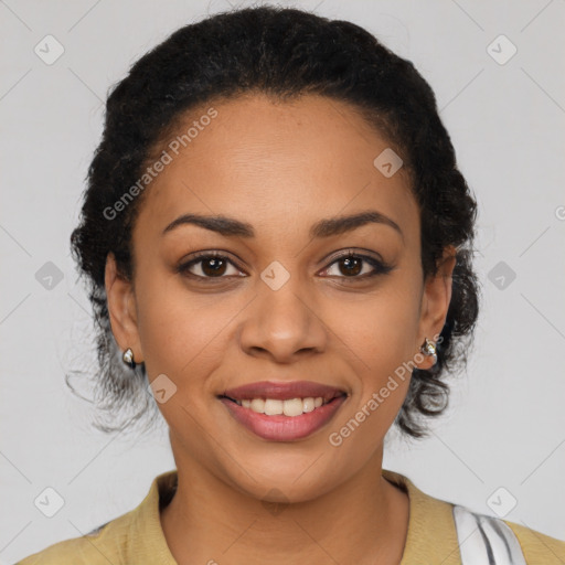 Joyful latino young-adult female with short  brown hair and brown eyes