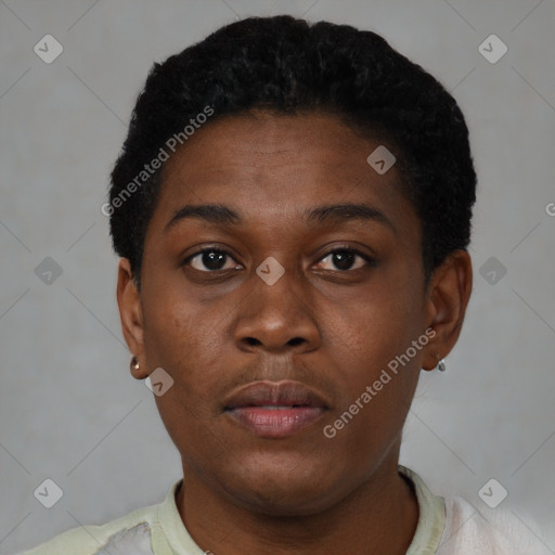 Neutral black young-adult female with short  black hair and brown eyes