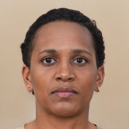 Neutral black young-adult female with short  black hair and brown eyes