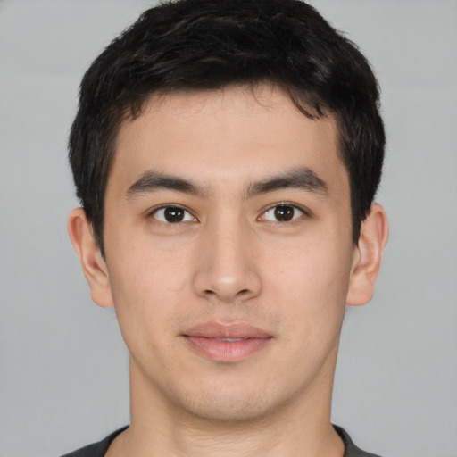 Neutral asian young-adult male with short  brown hair and brown eyes