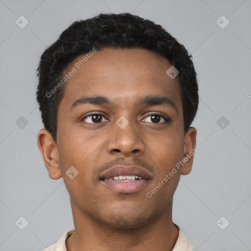 Neutral black young-adult male with short  black hair and brown eyes