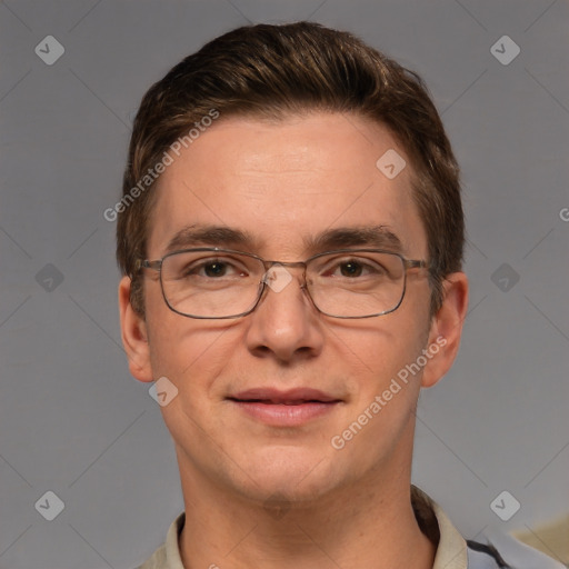 Joyful white adult male with short  brown hair and brown eyes