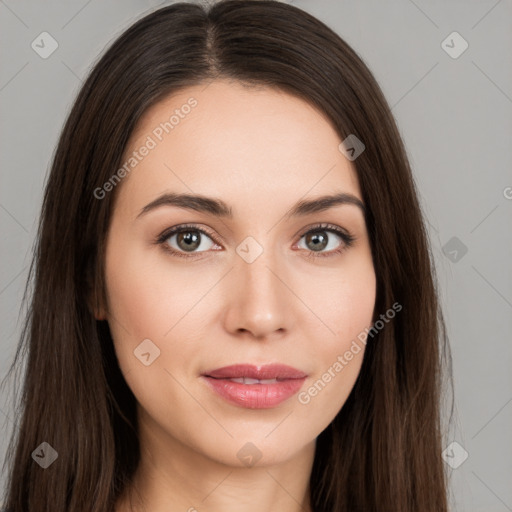 Neutral white young-adult female with long  brown hair and brown eyes