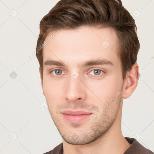 Neutral white young-adult male with short  brown hair and brown eyes