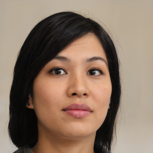 Neutral asian young-adult female with medium  black hair and brown eyes