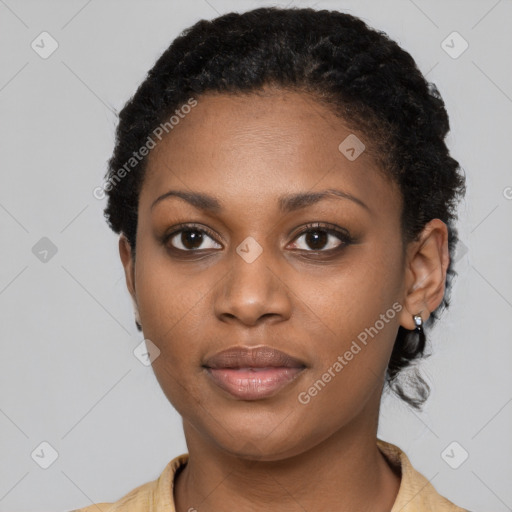 Neutral black young-adult female with short  black hair and brown eyes