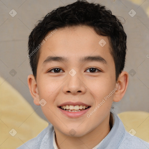 Joyful white child male with short  brown hair and brown eyes
