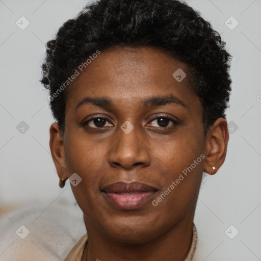 Joyful black young-adult female with short  brown hair and brown eyes