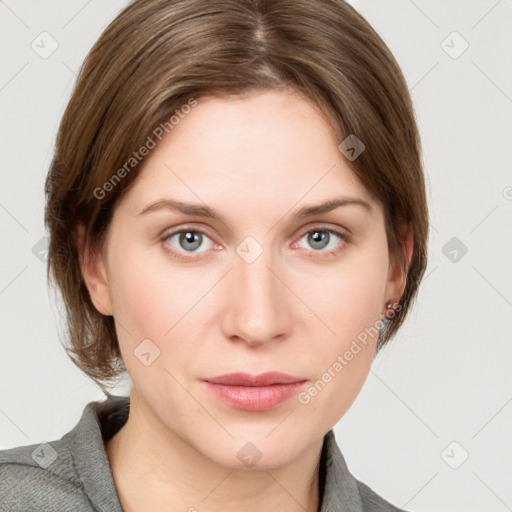 Neutral white young-adult female with medium  brown hair and grey eyes